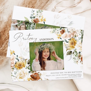 May include: A baptism invitation with a floral border and a photo of a young girl wearing a flower crown. The text reads "Britney ANDERSON INVITES YOU TO HIS BAPTIZED AUGUST 6, 2022, 12:00 AM | RESURRECTION CATHOLIC CHURCH 157 PITT STREET, SYDNEY LUNCH TO FOLLOW AT THE PATERSON HOME"