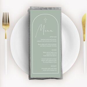Sage green modern baptism menu template, christening menu card, printable menu card, greenery dinner menu, editable green menu, B017