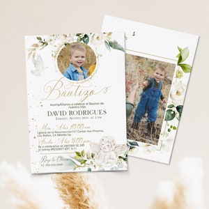 Spanish baptism invitation template, floral baptism invite, Invitación de bautizo, mi bautizo photo invite, editable christening invite P208