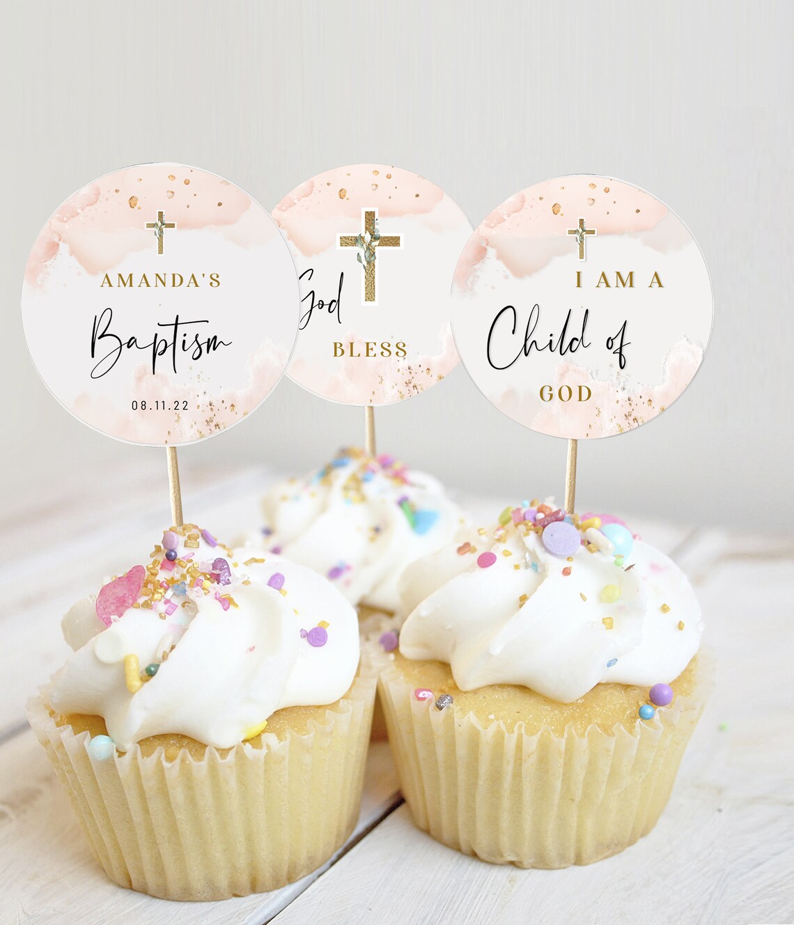 Pink Gold Baptism Cupcake Toppers Girl Christening Cupcake - Etsy