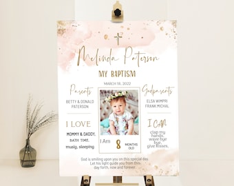 Editable baptism chalkboard sign, baby girl baptism sign, communion/christening milestone template, pink gold baptism milestone poster B2p