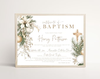 Editable Winter Certificate of Baptism Template, Printable Christmas Сhristening, Elegant Holiday Custom Cross  Decor, P296