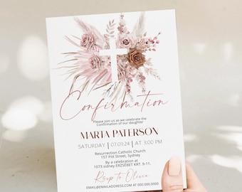 Girl confirmation invitation templat, pink boho baptism invite, christening invitation girl, religious invite, pink baptism invitation P64