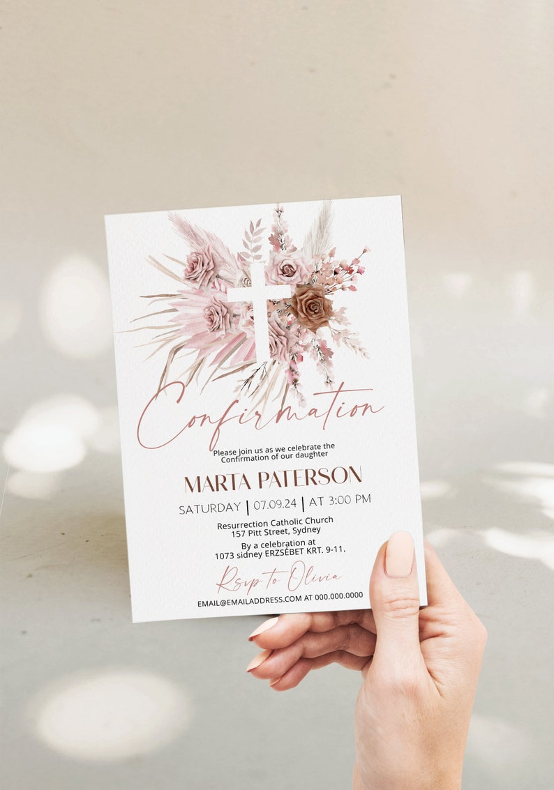 Girl confirmation invitation templat, pink boho baptism invite, christening invitation girl, religious invite, pink baptism invitation P64 Bild 1