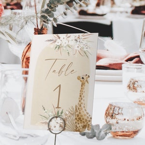 Boho giraffe table numbers template, gender neutral jungle baby shower boho giraffe, animals table numbers, pampas grass table numbers P82