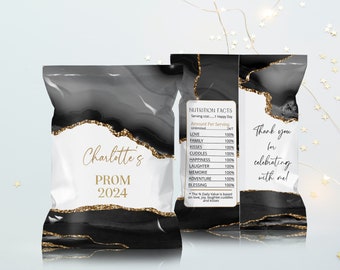 Prom Send off Chip Bag Template, Graduation Wrapper, Prom Party Favor, Black Gold, P124