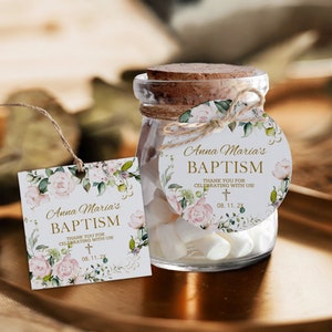 Pink floral baptism favor tags template, editable christening thank you tag, greenery baptism thank you tag, christening gift tag, P229