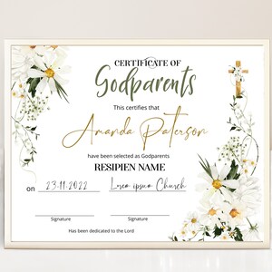 White flowers certificate of godparents, editable baptism certificate template, greenery godparents certificate, church certificate, P102