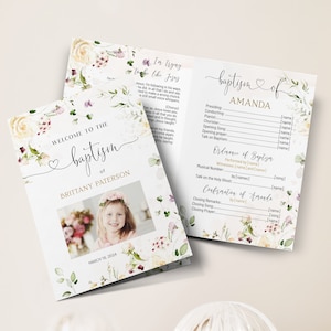 May include: Baptism invitation card with floral design. The card reads "Welcome to the baptism of Brittany Paterson" and includes a photo of a young girl. The date "March 18, 2024" is also displayed.