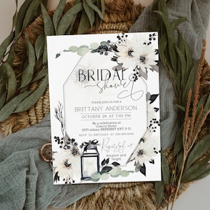 Black white flowers bridal bridal shower invitation template, editable bridal shower invite, printable gothic shower party invite, P147