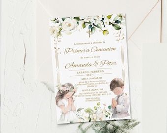 Twins girl boy first holy communion invite in spanish template, una invitación a la primera comunión de gemelos greenery holy communion P222