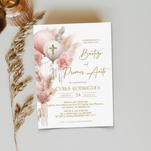 Bautizo y primer añito invitación, invitaciones de bautizo, pink christening invite, editable spanish baptism and 1st birthday template P233