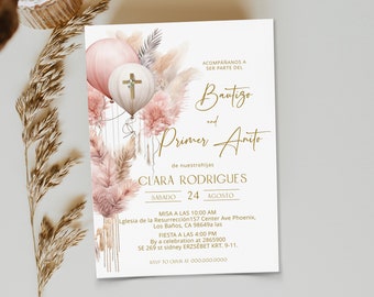 Bautizo y primer añito invitación, invitaciones de bautizo, pink christening invite, editable spanish baptism and 1st birthday template P233