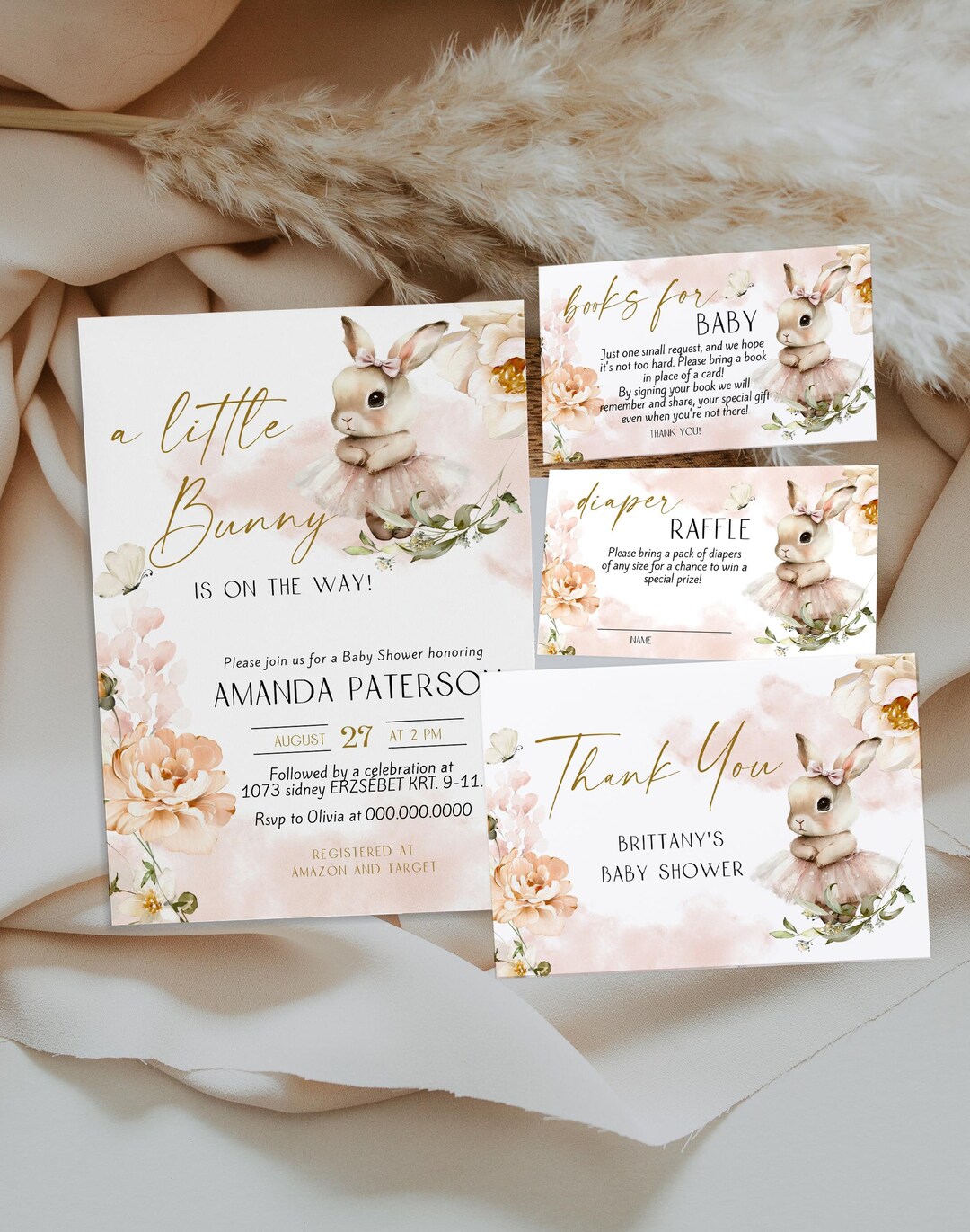 Pink Bunny Baby Shower Invitation Set, Girl Floral Baby Shower Invite ...