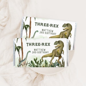 Three rex chocolate bar wrapper template, editable dinosaur candy bar wrappers, printable dinosaur party birthday, dino 3rd candy label, P91