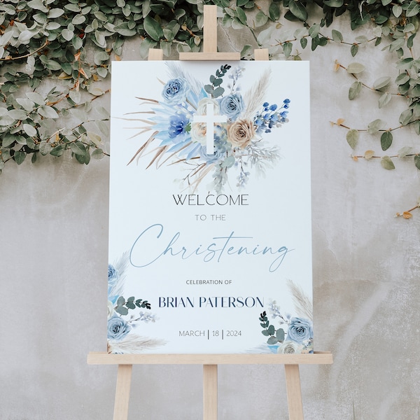 Pampas gras christening welcome sign template, printable blue boho welcome sign, watercolor religious welcome sign, boy baptism sign P65