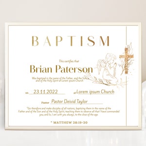 Baptisma certificate template with a golden angel, editable christening certificate, printable certificate of baptism, baptism gift, P227