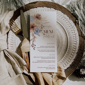 Boho menu template, blut boho menu card, wedding menu template, baby shower menu, boho dinner menu cards, pampas grass menu P156