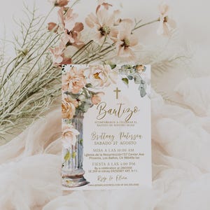 Floral baptism invitation in spanish, invitación bautizo, flowers christening, editable religious invite, printable baptism template P306