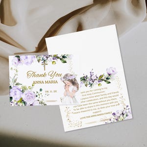 First holy communion thank you cards, editable girl first communion thank you, religious thank you card template, printable floral card P229