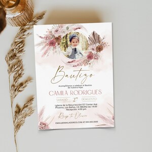 Editable spanish baptism invitation, girl christening invite, invitaciones de bautizo digitales, mi bautizo nina, pink floral baptism, P64
