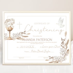 Pampas grass christening certificate template, editable boho baptism certificate, angel baptism holy spirit certificate, P206