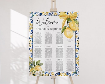 Italian Majolica Lemons Baptism Seating Chart Template, Editable Mediterranean Amalfi Coast Welcome Poster, Yellow Blue Seating Board P335