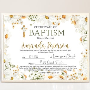 Wildflower baptism certificate template, custom certificate of baptism printable, editable christening certificate, baby baptism gift, P102