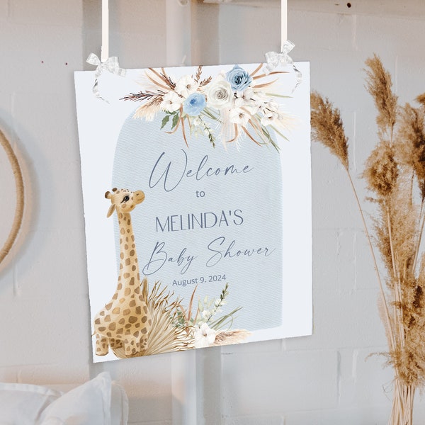 Blue pampas grass baby shower welcome sign, boho giraffe baby shower welcome, boho reception sign template, baby shower welcome poster P82