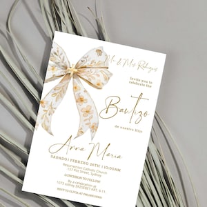 Gold bow bautizo invitation, minimalist christening invite template, spanish baptism invite, bautizo invite, editable religious invite, P323