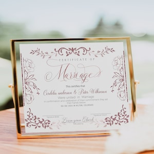 Rose gold marriage certificate template, printable wedding certificate, editable wedding certificate, marriage certificate to commemorate,