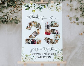 25th anniversary photo collage, printable floral photo collage, greenery 25th birthday photo collage, welcome photo collage template, P228