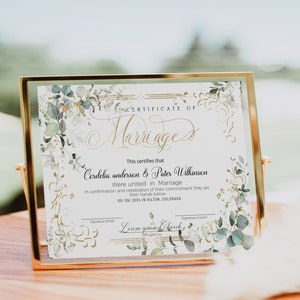 Green gold wedding certificate template, eucalyptus marriage certificate keepsake, modern certificate of marriage, renewal certificate, P133