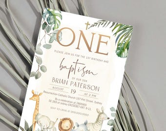 Wild one birthday & baptism invitation template, safari animal 1st birthday invite, printable greenery christening and birthday invite, P307