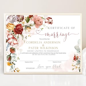 Garden flowers certificate of marriage template, boho floral wedding keepsake, wedding certificate, printable marriage certificate, P304