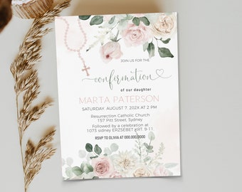 Confirmation invitation template, printable pink baptism invitation, editable christening invitation, boho religious invite,  P106