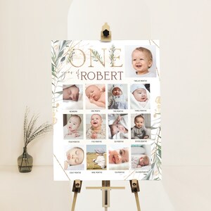 1st birthday photo collage sign, baby's first year photo poster template, green boho 1st birthday pictures, one year pictures board B012