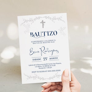 Spanish baptism invitation mi bautizo, angel invitaciones de bautizo digitales, blue navy silver cross bautizo editable religious invite B6