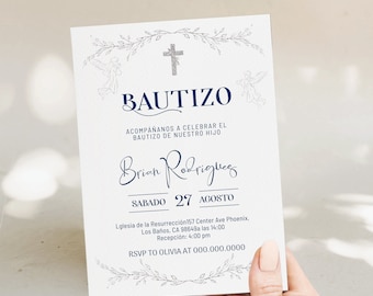 Spanish baptism invitation mi bautizo, angel invitaciones de bautizo digitales, blue navy silver cross bautizo editable religious invite B6