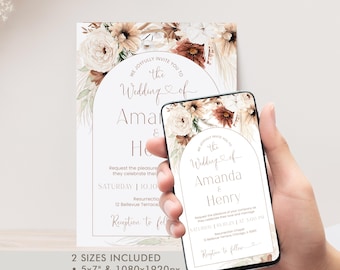 Boho Wedding Invitation Template, Terracotta Autumn Floral Wedding Invite, Elegant Arch Pampas Grass, P66