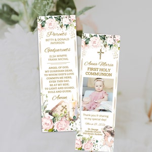 First holy communion bookmark with photo, editable christening bookmark, first communion bookmark template, pink baptism favor keepsake P229