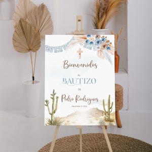 Baptism welcome sign template, spanish bautizo welcome sign, bienvenidos al bautizo, editable christening poster, cactus, mexican theme P295