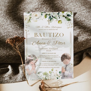Twins girl and boy baptism invitation template, invitaciones de bautizo, twins christening invite, bautizo invitación spanish, P222