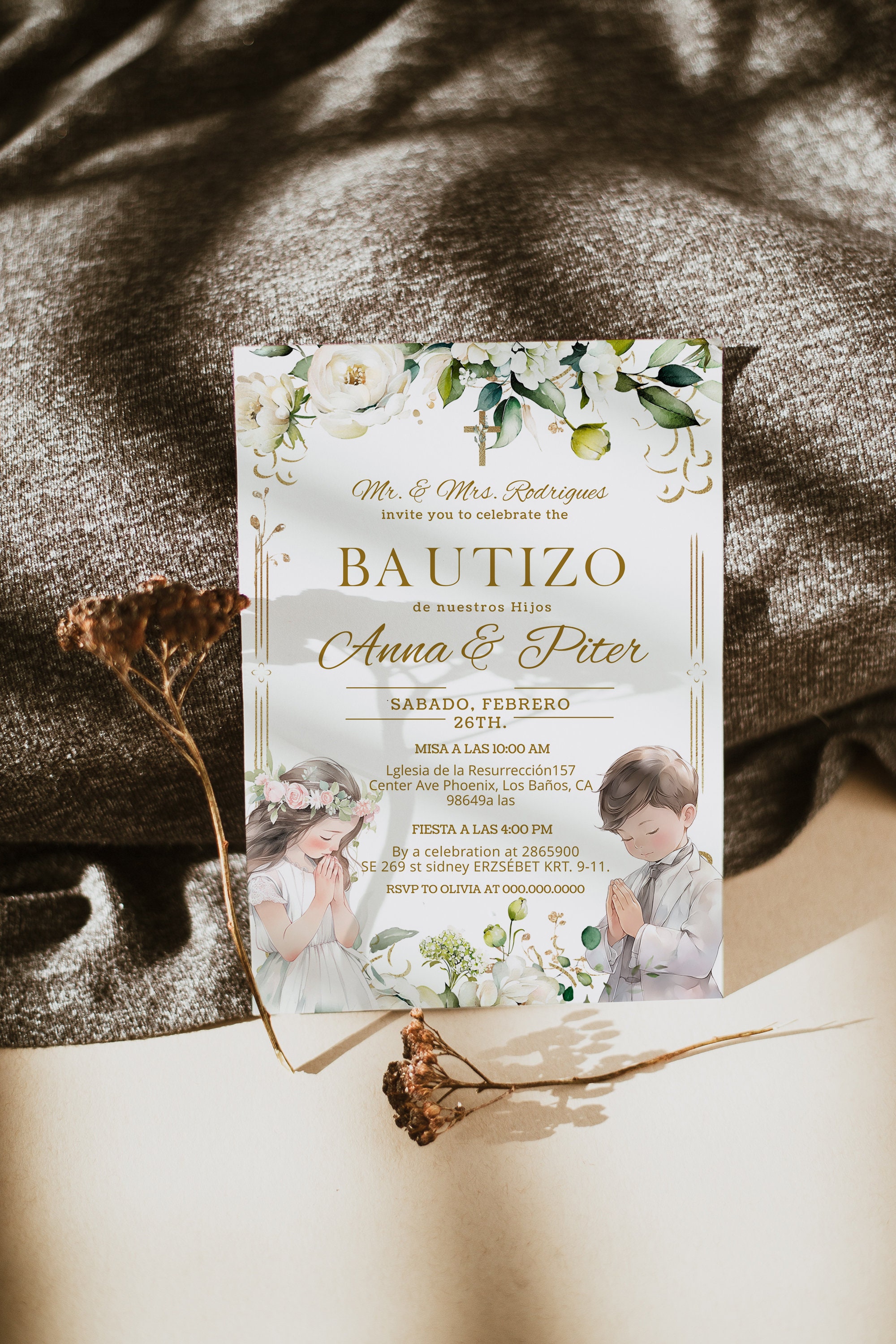 Twins girl and boy baptism invitation template, invitaciones de bautizo, twins christening invite, bautizo invitación spanish, P222