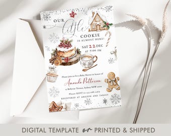 Our Little Cookie Baby Shower  Template, Winter Gingerbread Holiday Invite, Printed or Digital Christmas Cookie Invitation, P268