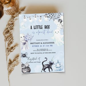 A little boo is due invitation template, ghost halloween baby shower invite, blue halloween shower, editable boy baby shower invite, P252