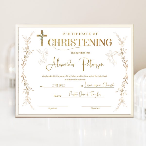 Angel christening certificate, baptism holy spirit certificate, gold baptism certificate template, baptism church form child dedication B6