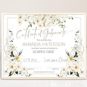 Wildflower baptism certificate template, editable godparents certificate, daisy certificate of godparents, printable church certificate P102