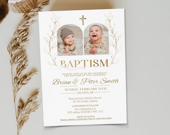 Puede incluir: Invitación de bautismo dorada y blanca con una cruz y dos fotos de bebés. La invitación incluye el texto "Bautismo", "Por favor, únase a nosotros para celebrar el bautismo de nuestros hijos", "Brian & Piter Smith", "Domingo, 16 de febrero - 10:00 a.m.", "Iglesia Católica de la Resurrección 157 Pitt Street, Sydney", "Almuerzo a seguir por una celebración en 1073 sidney ERZSÉBET KRT. 9-11.", "RSVP a Olivia EMAIL@EMAILADDRESS.COM AL 000.000.0000".