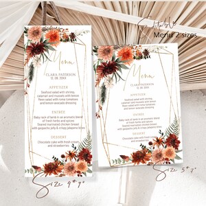 May include: Two white menu cards with gold geometric frames and floral arrangements of orange, red, and dark burgundy flowers. The text includes "Menu", "Clara Paterson", "12.08.20XX", "Appetizer", "Entree", and "Dessert". Sizes 4"x9" and 5"x7" are noted.